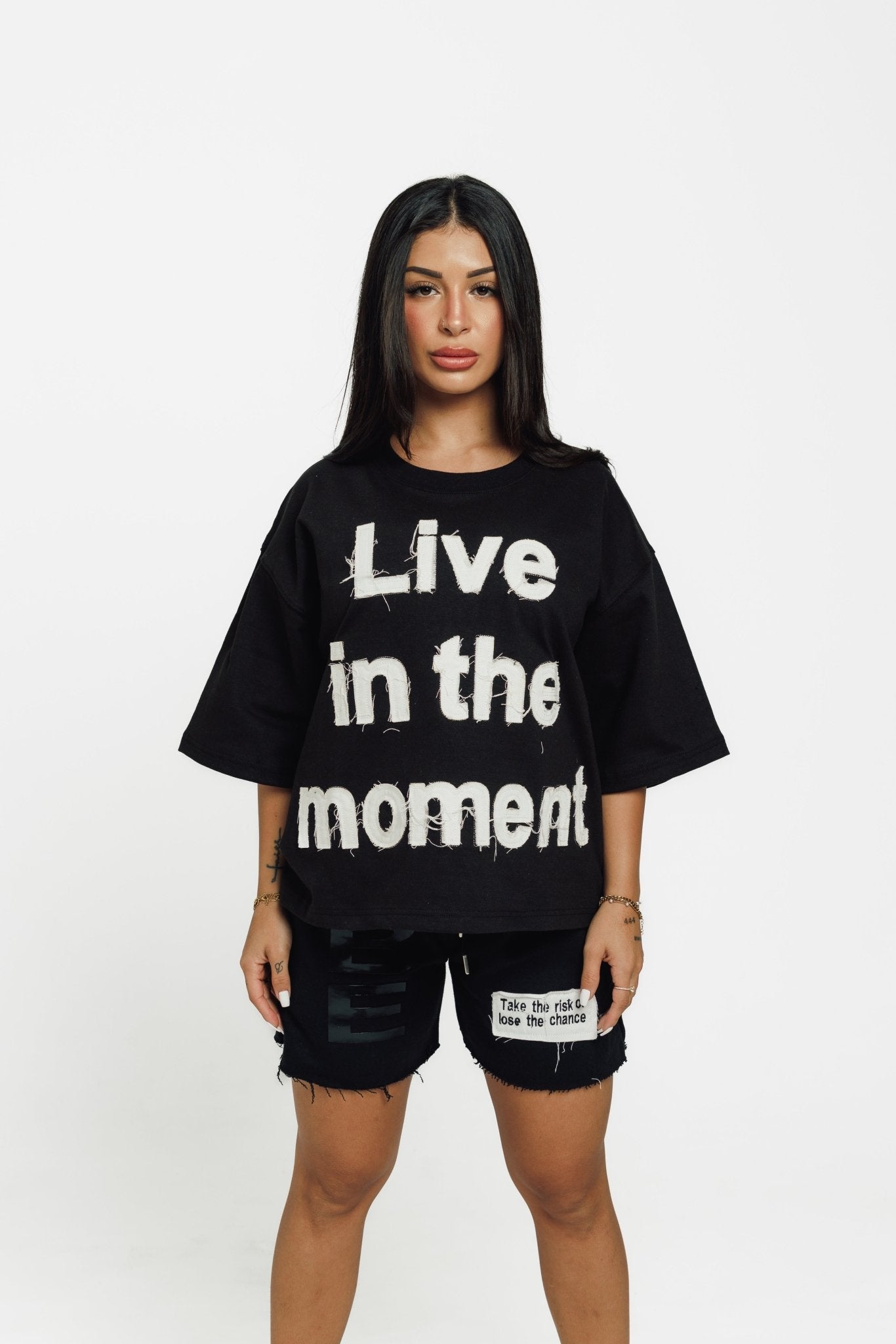 Live in the Moment Fabric-on-Fabric Oversized Crop Tee (Black)