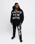 "Take The Risk" Fabric on Fabric Rhinestone Hoodie (Black)
