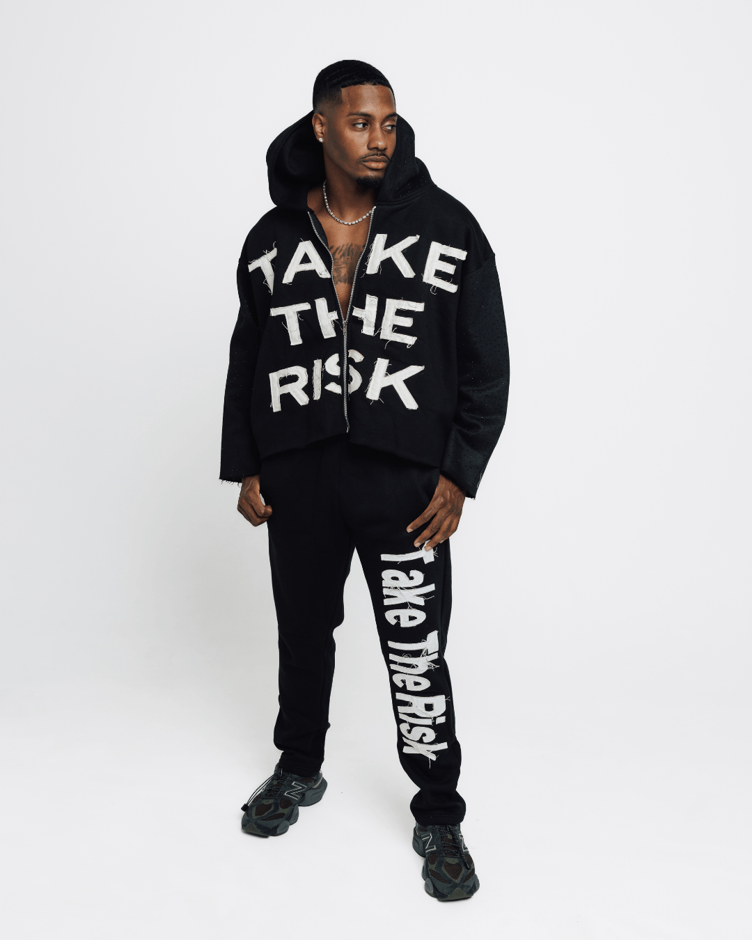 TAKE THE RISK FABRIC ON FABRIC RHINESTONE HOODIE (Black)