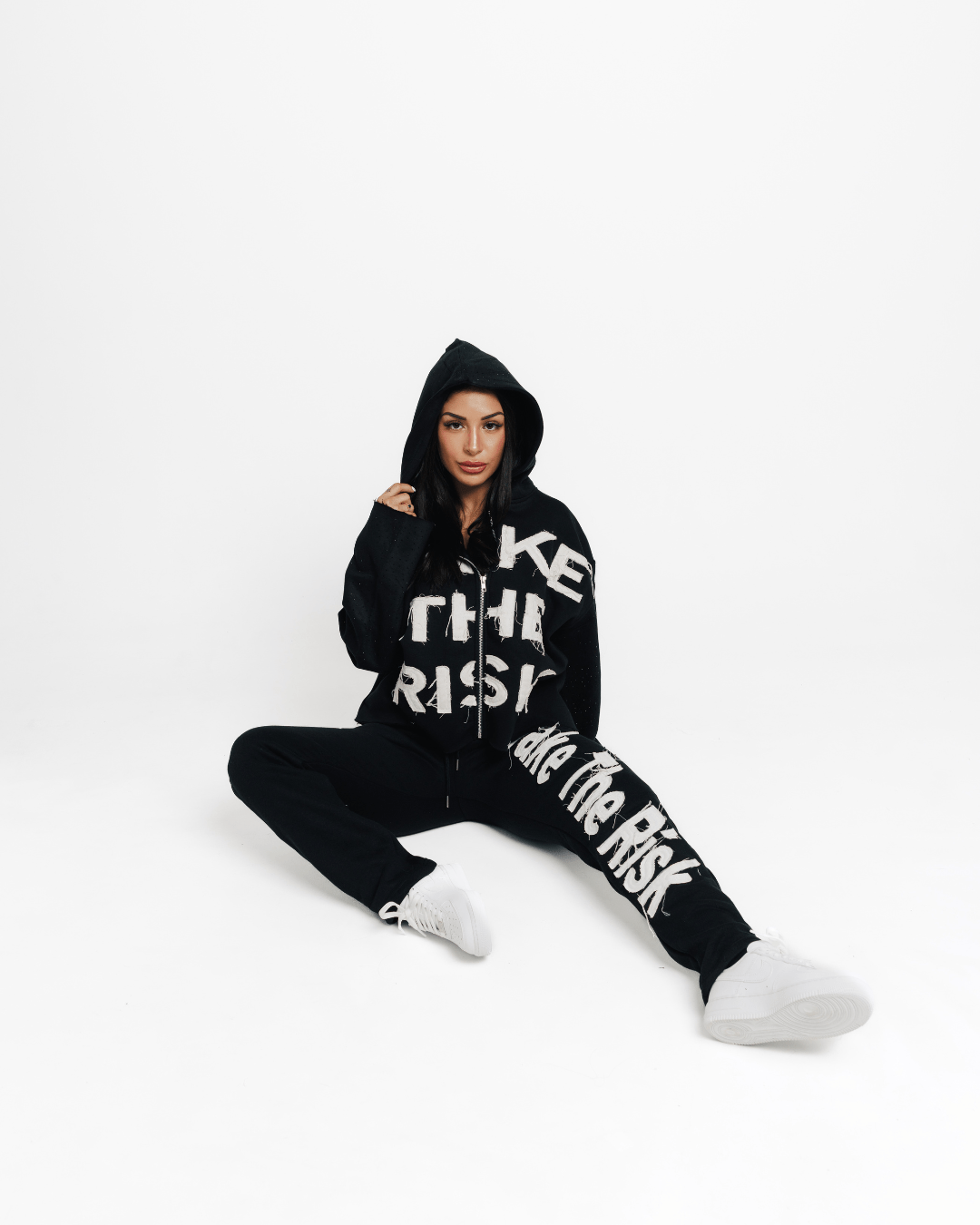 "Take The Risk" Fabric on Fabric Rhinestone Hoodie (Black)