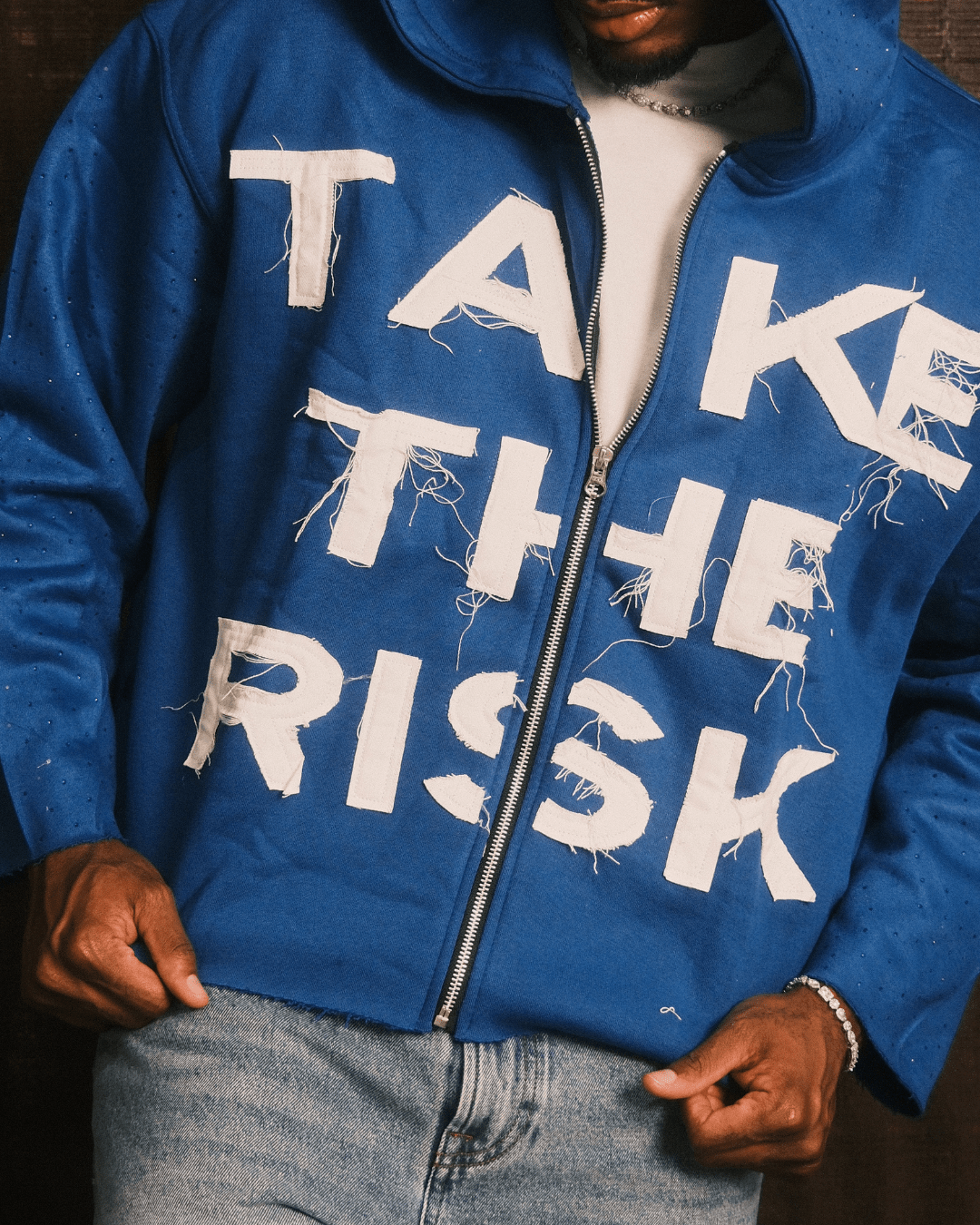 TAKE THE RISK FABRIC ON FABRIC RHINESTONE HOODIE (Blue)