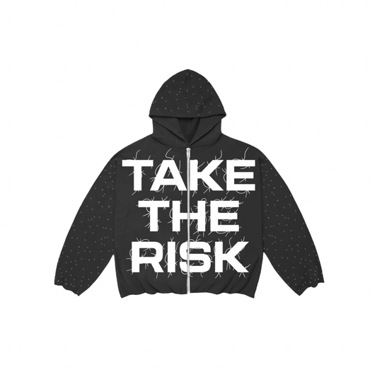 "Take The Risk" Fabric on Fabric Rhinestone Hoodie (Black)