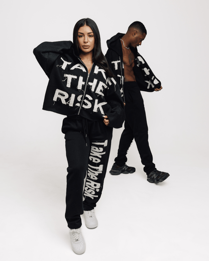 "Take The Risk" Fabric on Fabric Rhinestone Hoodie (Black)